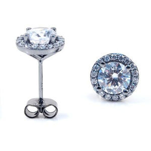 Silver Round Stud Earrings with Halo  In White